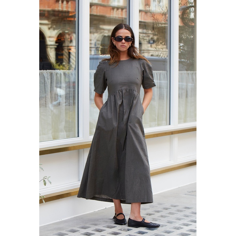 Hemisphere Khaki Short Sleeve Relaxed Midi Dress