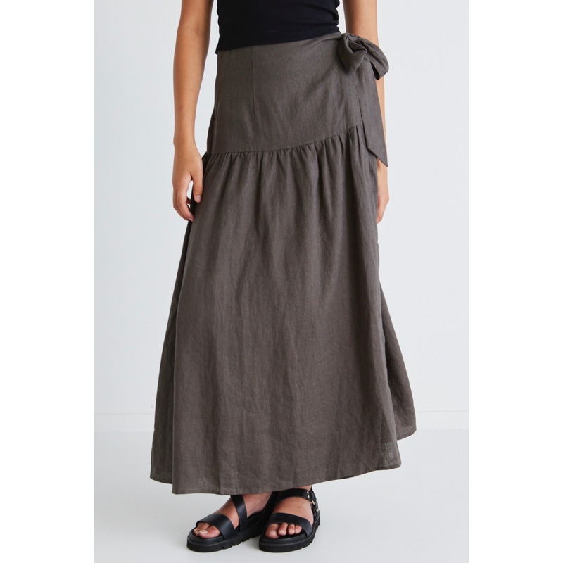 Impact Dark Olive Linen Tiered Wrap Maxi Skirt