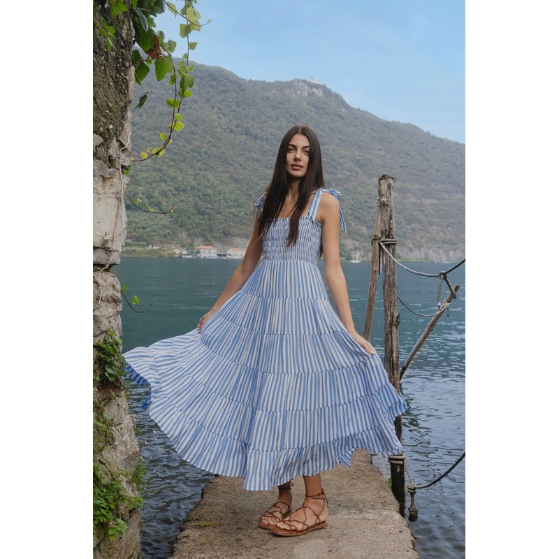 Isabella Blue White Stripe Strappy Tiered Maxi Dress