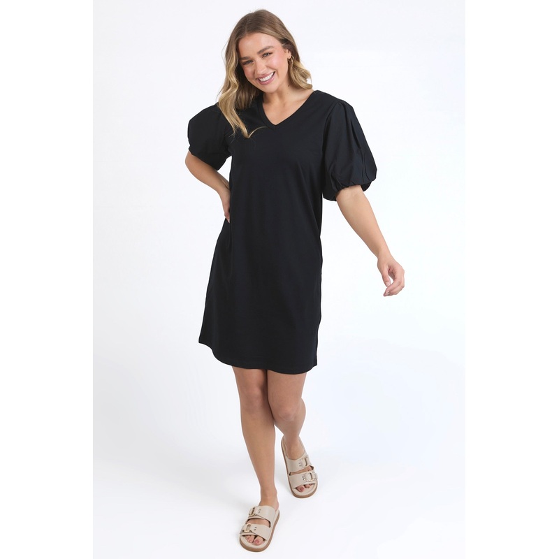 Joy Black Poplin Puff Sleeve Midi Dress