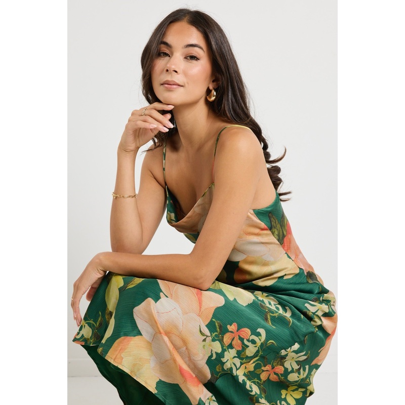 Lavish Forest Floral Tie Back Slip Dress