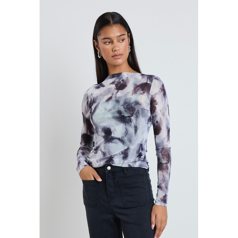 Light Charcoal Smudge Mesh Boatneck Top