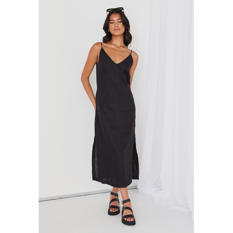Lulu Black Linen Strappy Midi Dress