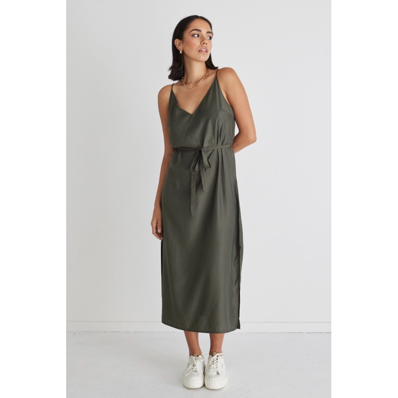 Lulu Khaki Washer Satin Tie Waist Midi Slip Dress