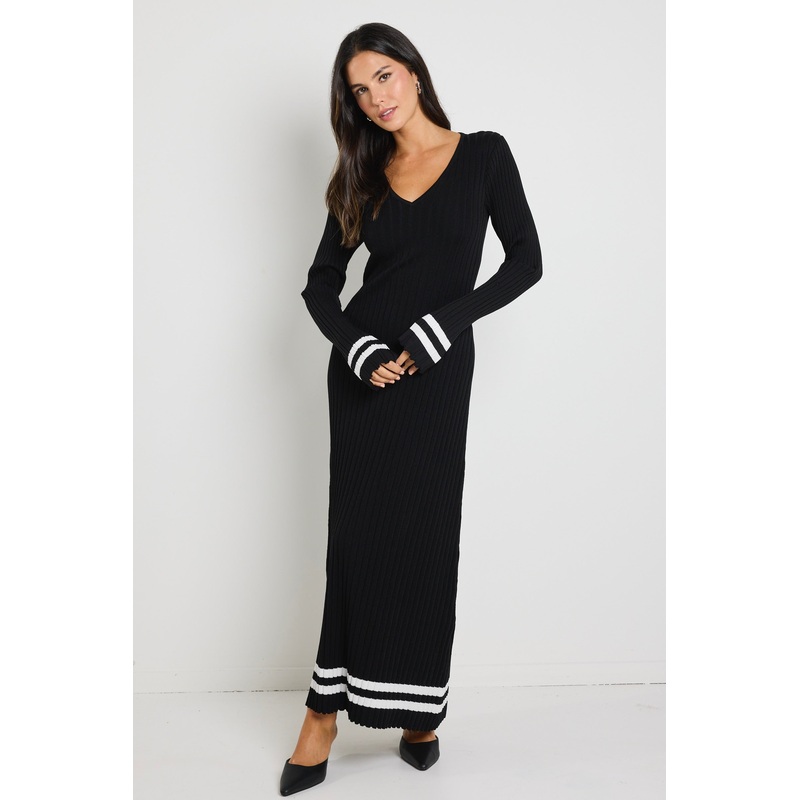 Main Black Stripe LS V Neck Maxi Knit Dress
