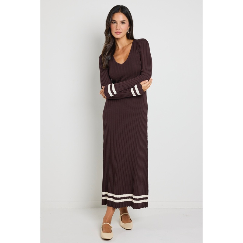 Main Chocolate Stripe LS V Neck Knit Maxi