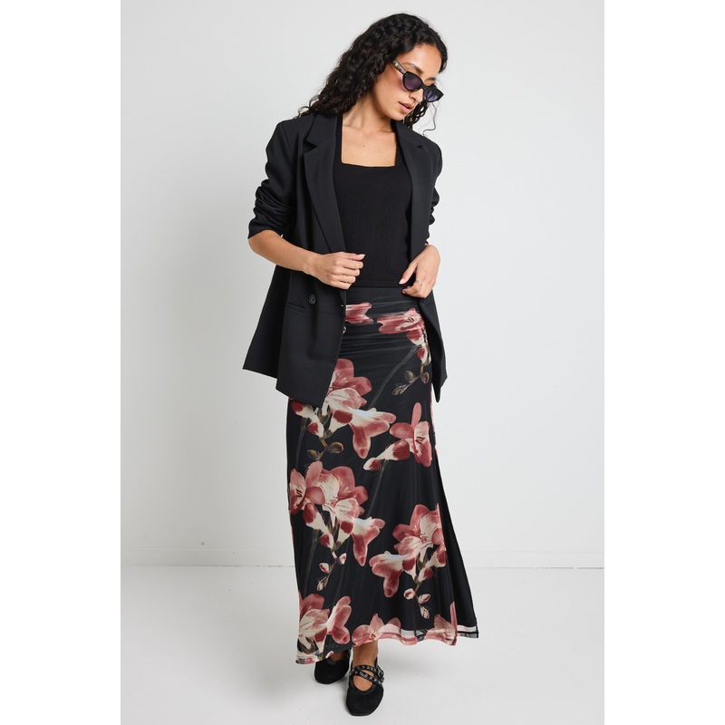 Manner Blush Floral Rouched Mesh Midi Skirt