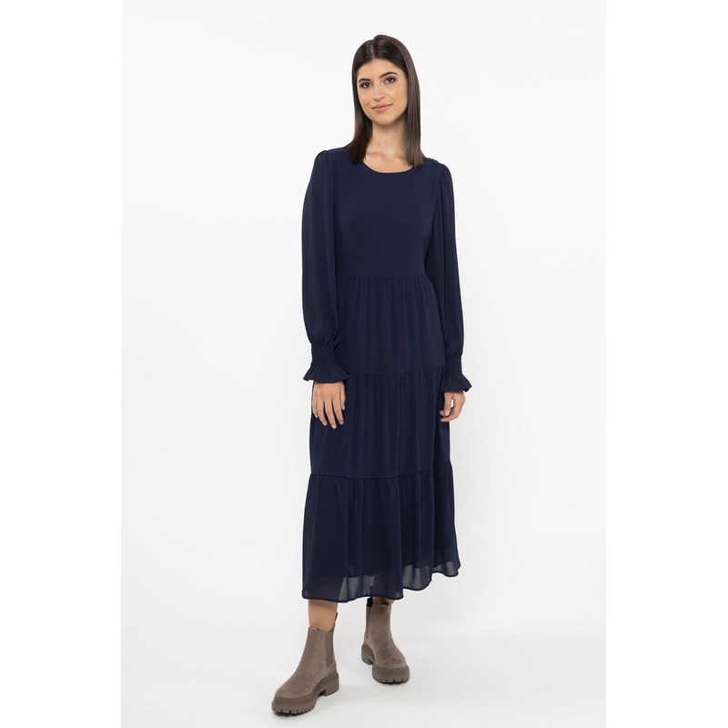 Mia Navy Chiffon Tiered Ls Maxi Dress