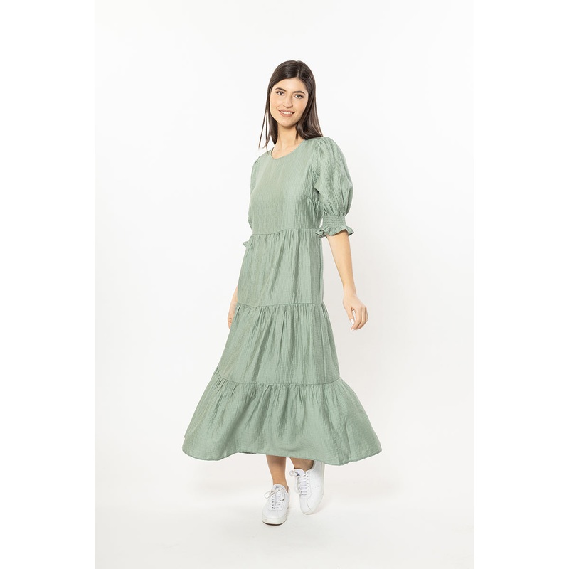 Mia Sage Texture Blouson Sleeve Tiered Maxi Dress