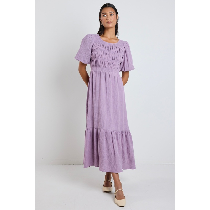 Milano Dusty Lilac Short Sleeve Tiered Maxi Dress