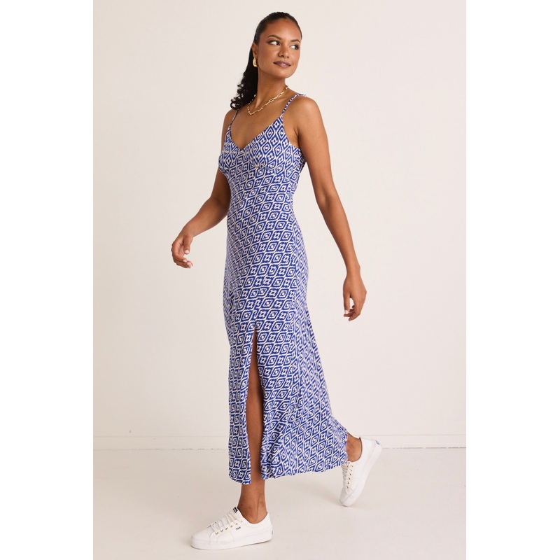 Otherworldly Electric Blue Batik Bias Slip Midi Dress