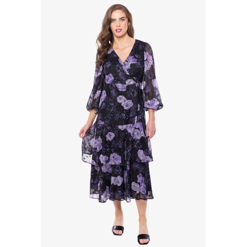 Paradise Black Lilac Burnout Floral Wrap LS Midi Dress