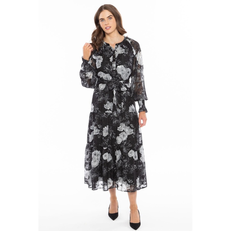 Perspective Large Black White Floral LS Tiered Maxi