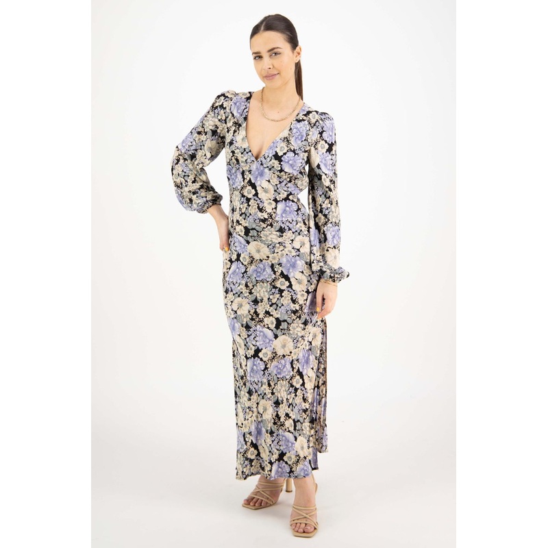 Phoenix Large Black Floral LS Balloon Sleeve Panel Bodice Bias Midi Slip Dress