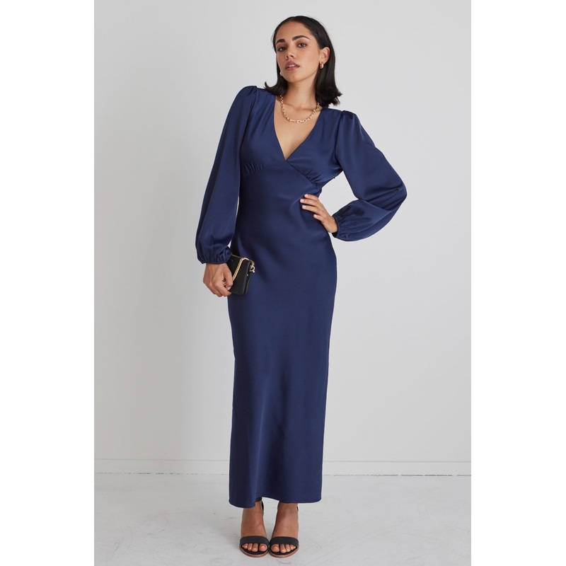 Phoenix Navy Satin Balloon Sleeve Bias Midi Dress