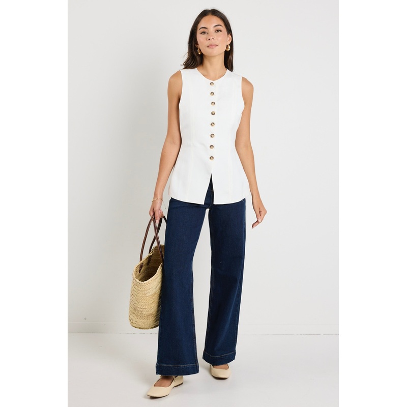 Polarity Ivory Linen Viscose Crew Neck Fitted Vest