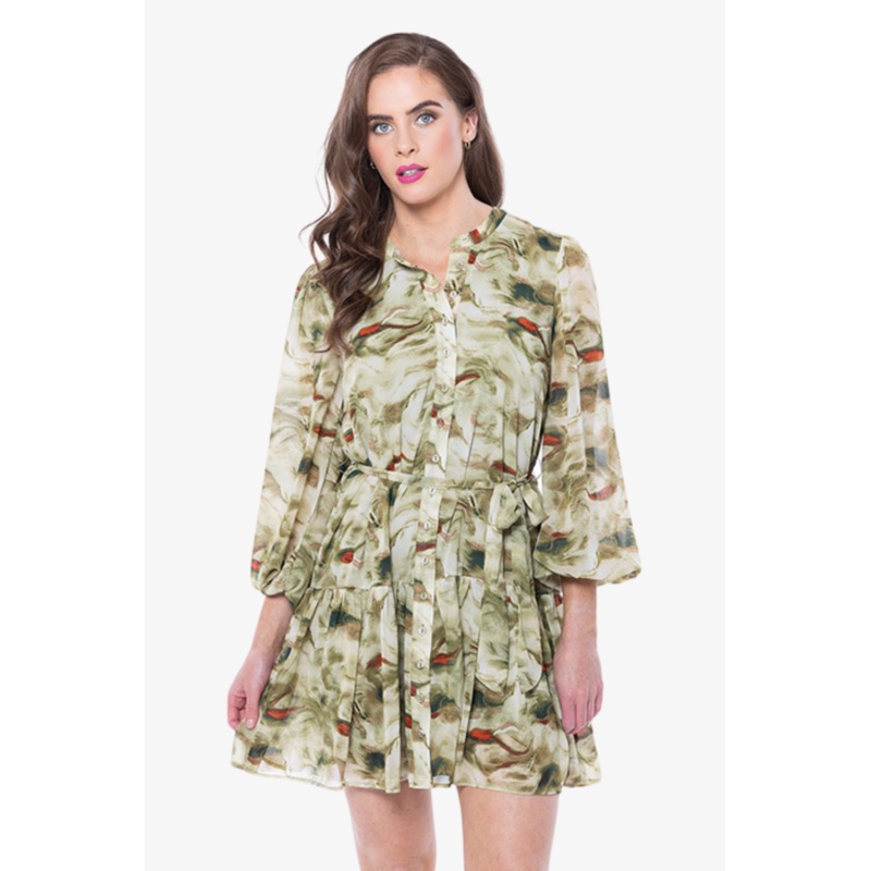 Renew Khaki Smudge LS Belted Mini Dress