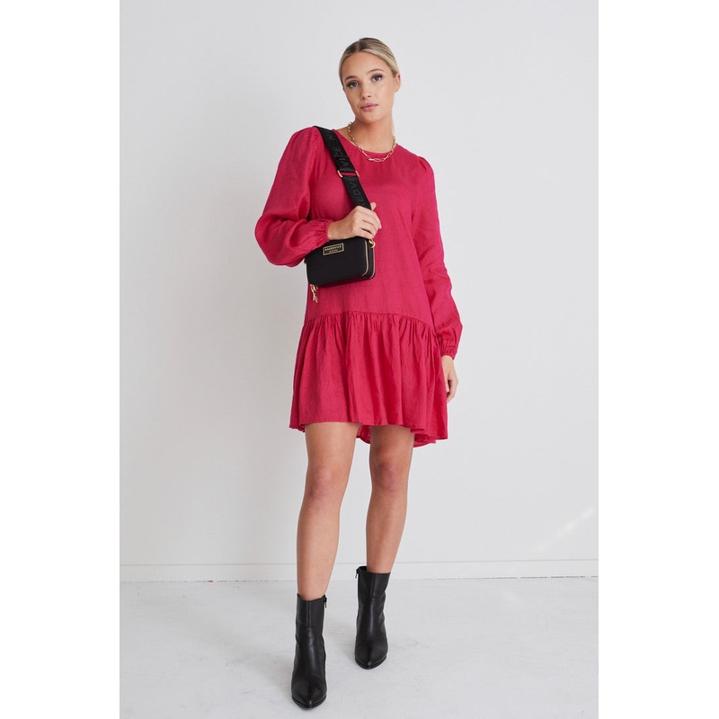 Rhea Raspberry Linen Drop Waist Smock Dress