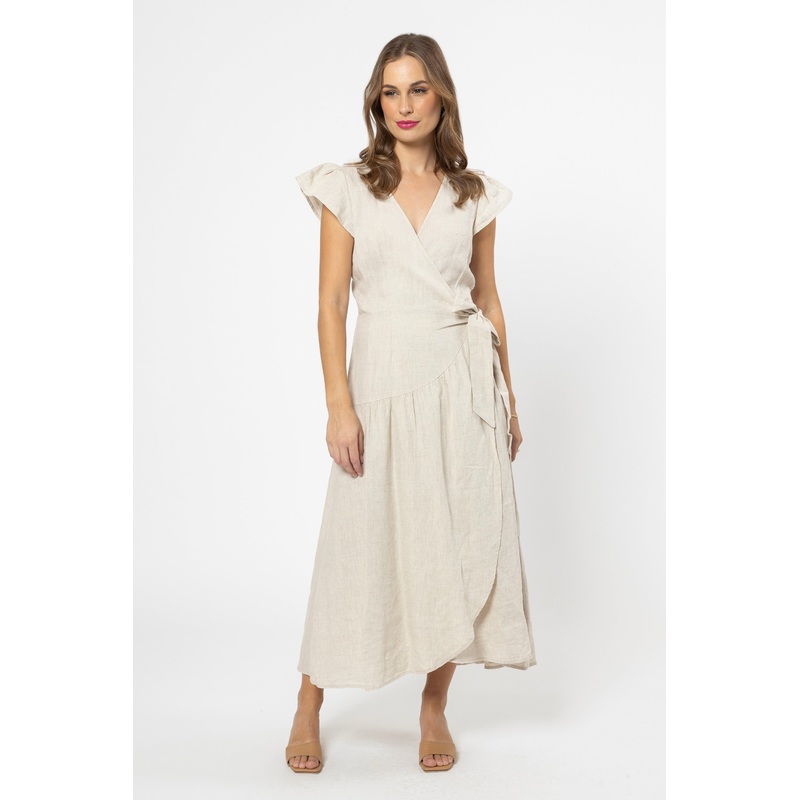 Romantic Natural Linen Flutter Sleeve Maxi Wrap Dress