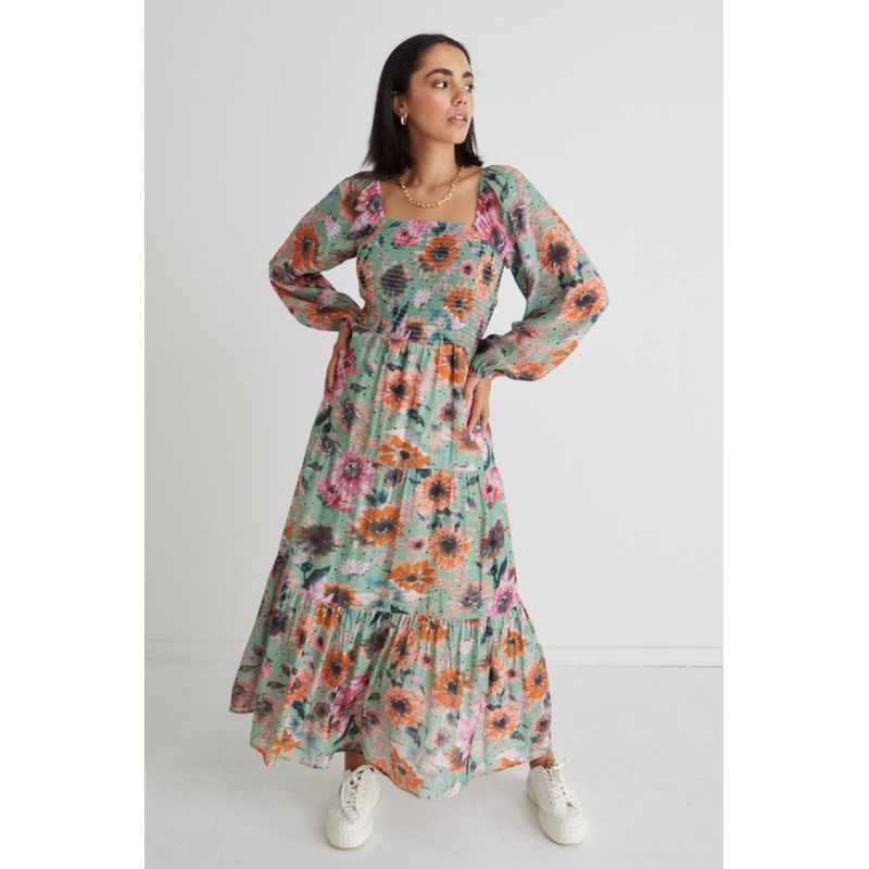 Ruby Green Floral LS Shirred Bodice Tiered Midi Dress