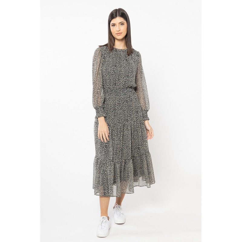 Serene Black Spot Shirred Waist LS Maxi Dress