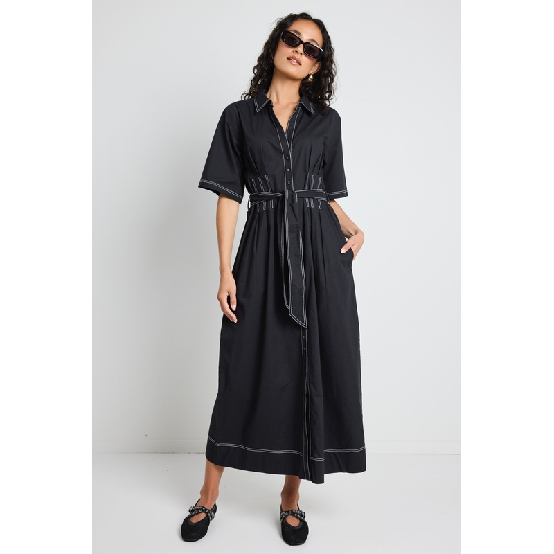 Service Black Cotton Short Sleeve Midi Shirt Dress