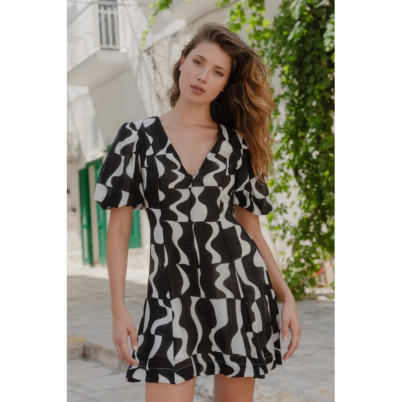 Sicily Black Wave Print Short Sleeve Mini Dress