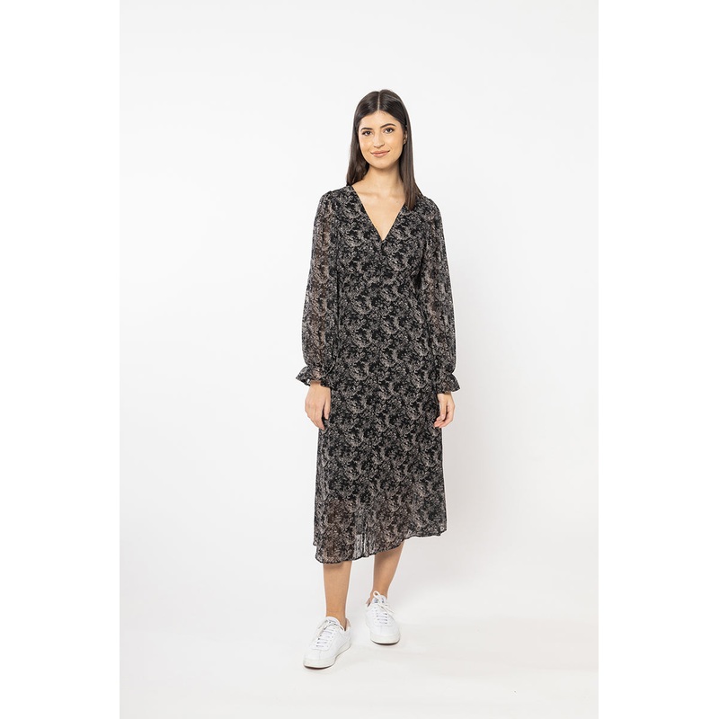 Sincere Black Stripe Floral Button Front LS Midi Dress