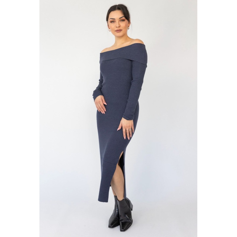 Sophie Navy Marle Off Shoulder Rib Knit Midi Dress