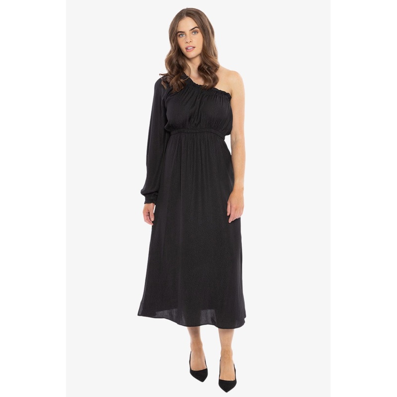 Streamlined Black Self Spot One Sleeve Midi Dress
