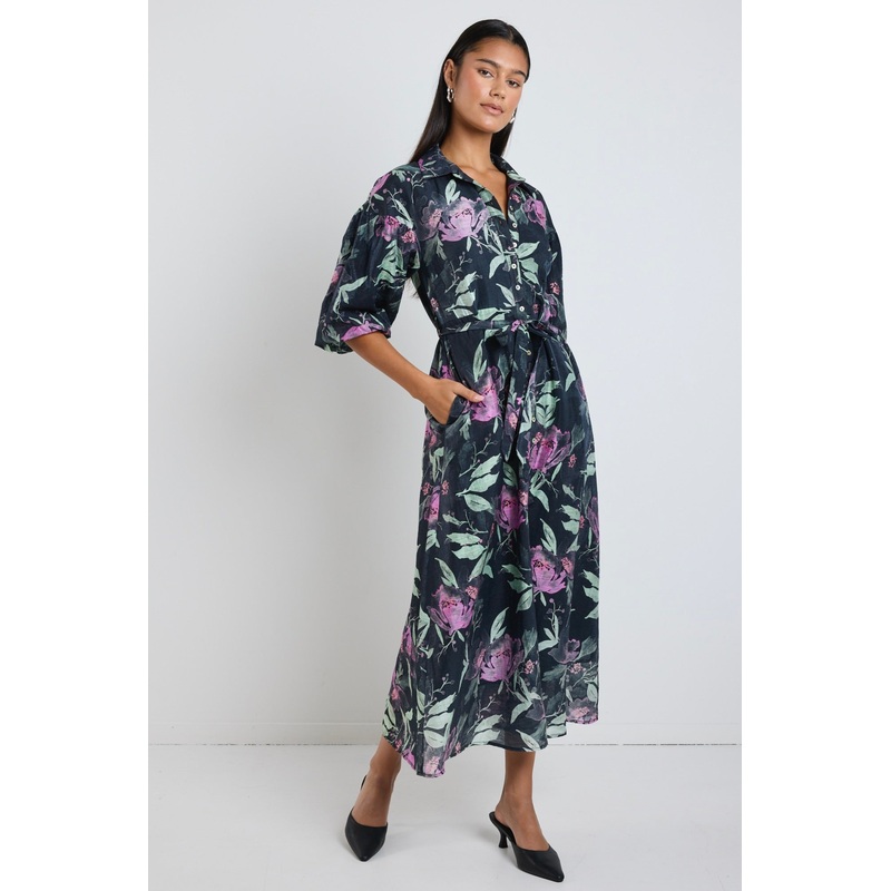 Studio Petrol Lilac Floral Balloon Sleeve Midi Shirt Dress