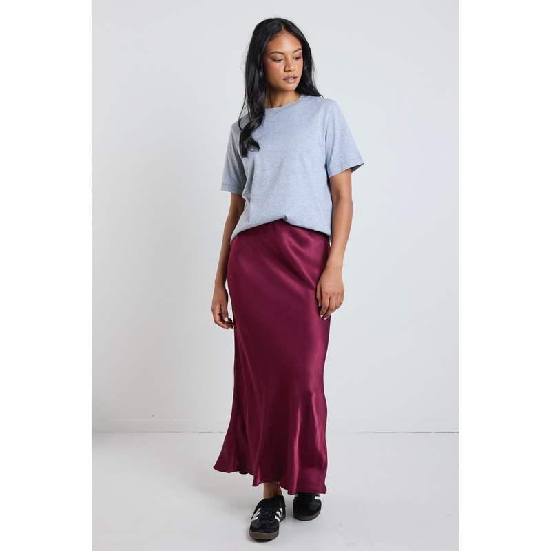 Talent Burgundy Plum Satin Bias Midi Skirt