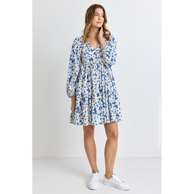Airy Blue FlowerLS V Neck Mini Dress