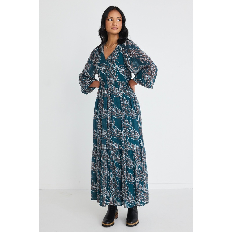 Aroha Forest Leaves LS V Neck Tiered Tie Waist Maxi Dress