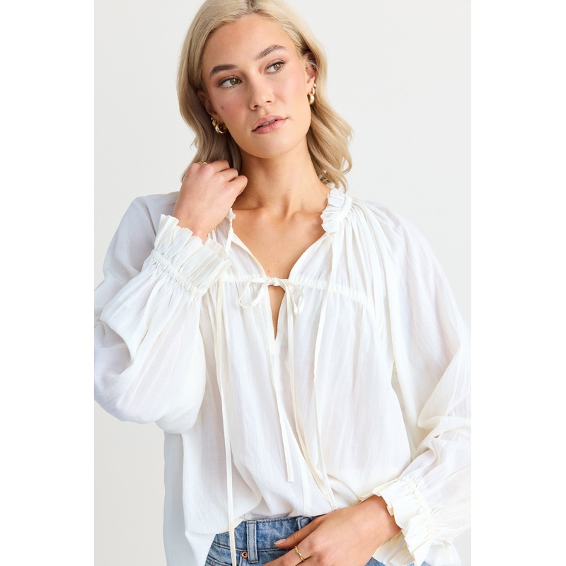 Artist Ivory Voile LS Tie Front Relaxed Gathered Top
