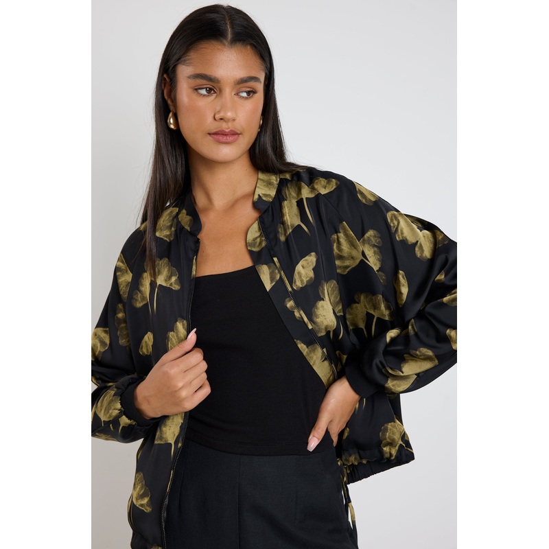 Aspire Black Khaki Floral Satin Bomber Jacket
