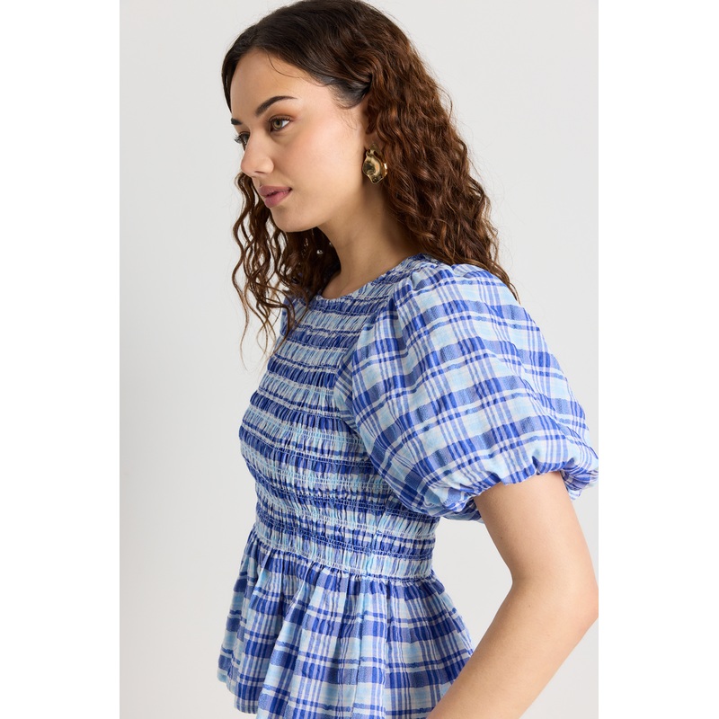 Beholden Blue Check Shirred Short Sleeve Top