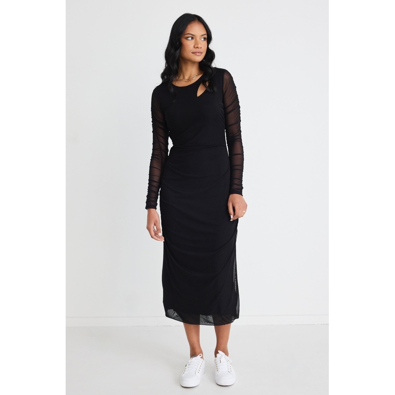 Between Black Mesh LS Slash Neck Maxi Dress