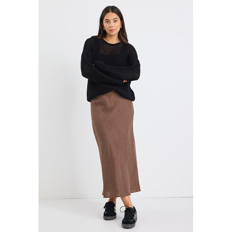 Bliss Chocolate Linen Bias Midi Skirt