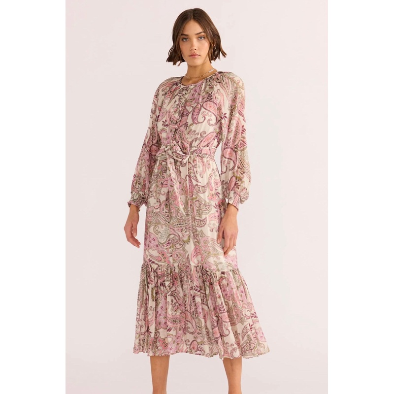 Cadence Pink Paisley Blouson LS Midi Dress