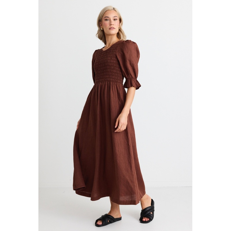Canary Chocolate Linen Puff Sleeve Shirred Bodice Midi Dress