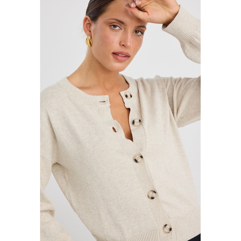 Delight Oat Marle Cotton Fine Knit Crew Cardigan