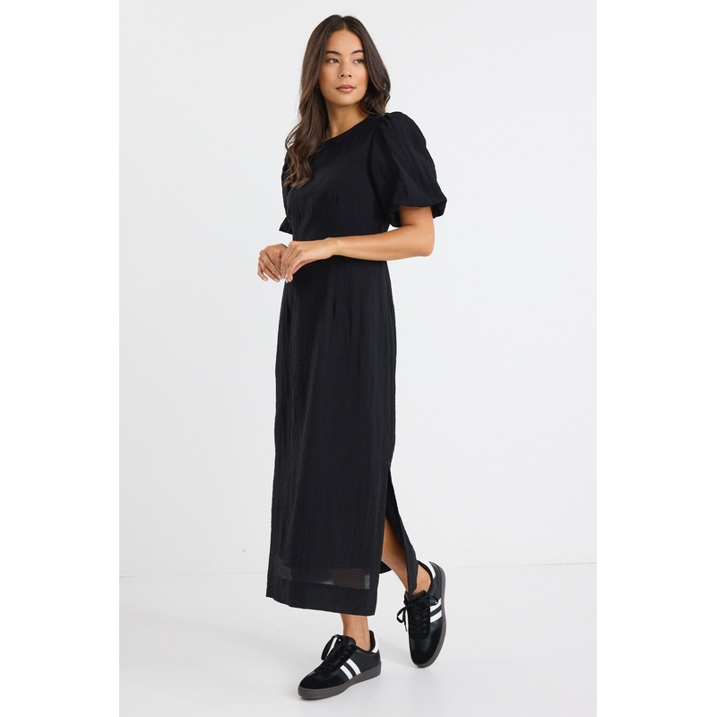 Elder Black Short Puff Sleeve Tie Midi Dress