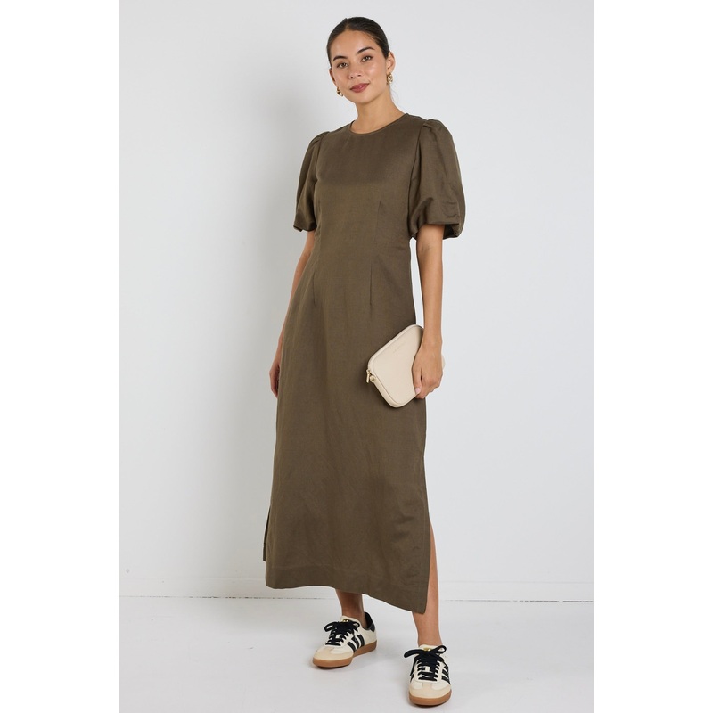 Elder Khaki Linen Blend Puff Sleeve Midi Dress
