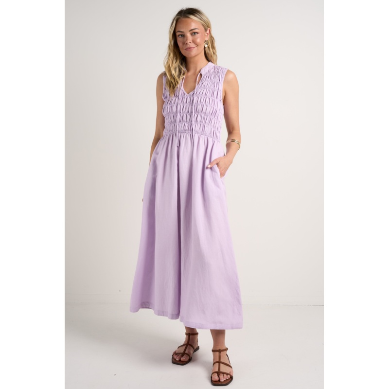 Explorer Lilac Sleeveless Split Neck Shirred Midi Dress
