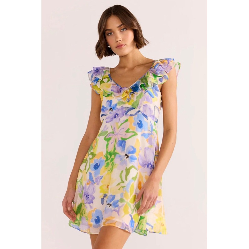 Fable Painterly Floral Frill Mini Dress