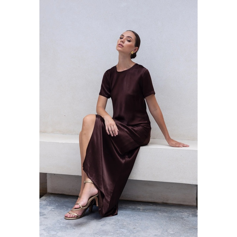 Falling In Love Chocolate SS Satin Maxi Dress