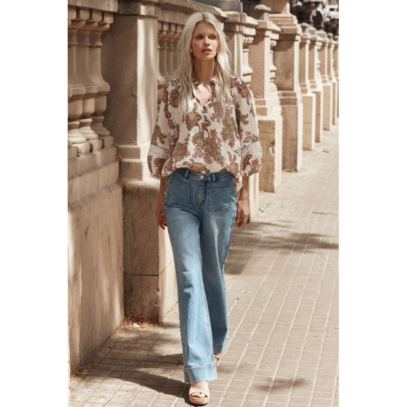 Invoke Cream Paisley High Neck SS Blouse