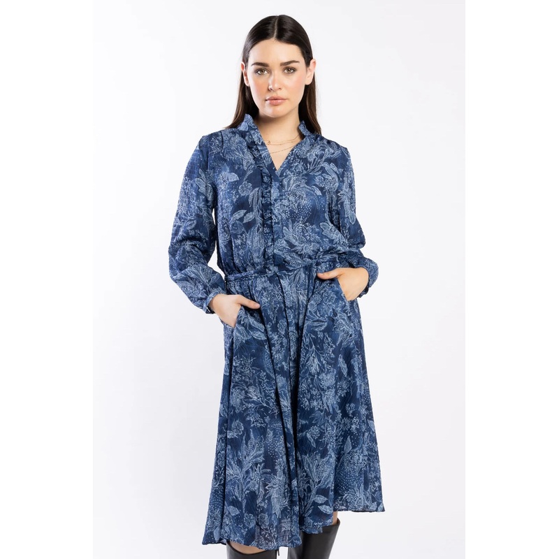 Kensie Blue Paisley Button Front Ruffle LS Dress
