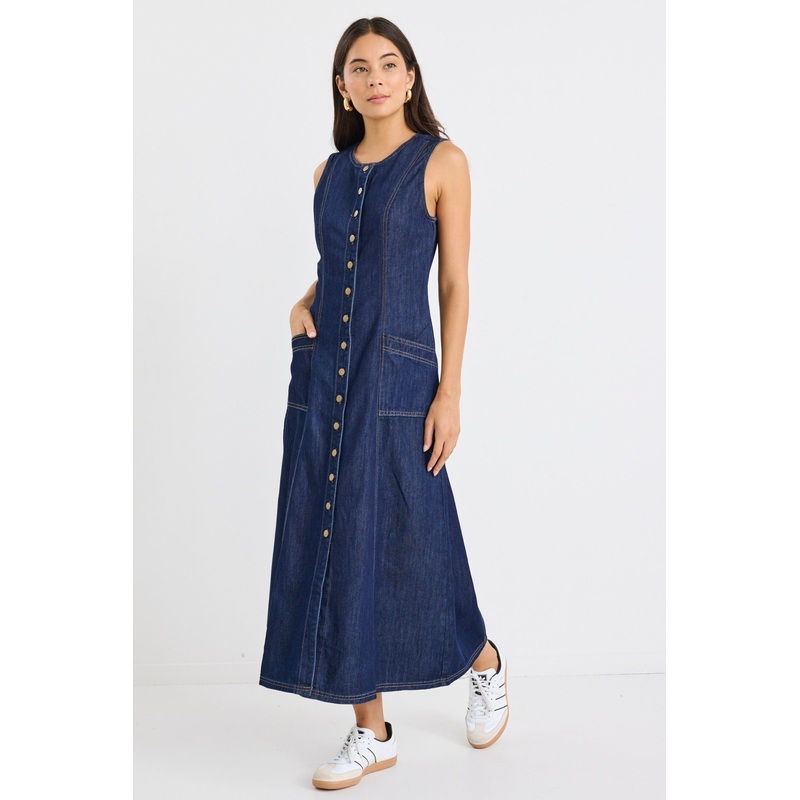 Laneway Indigo Denim Midi Vest Dress